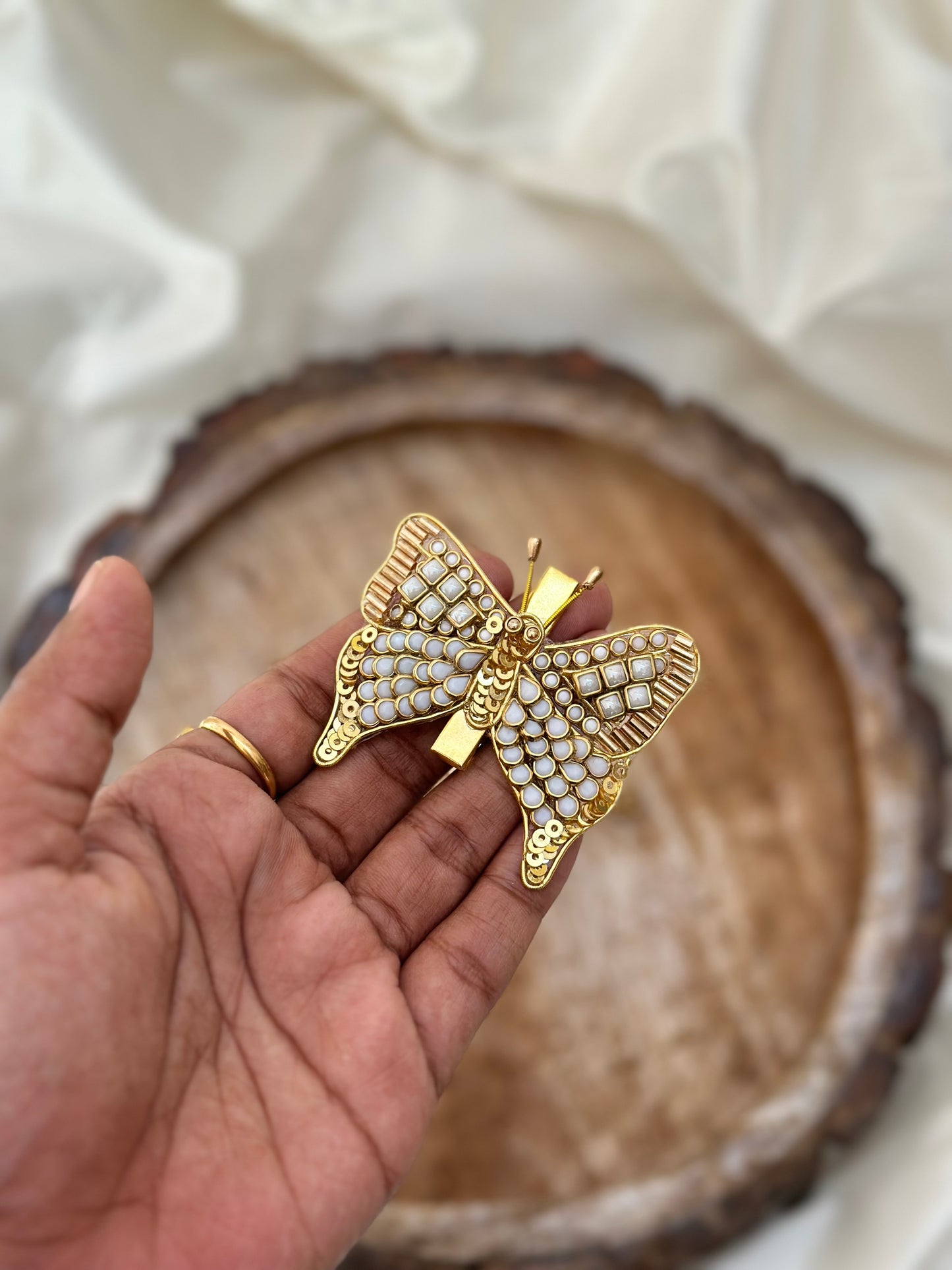 White Kundans with Gold Sequins and Beads Butterfly Alligator Kundan Hair Clip/Hair Accessory