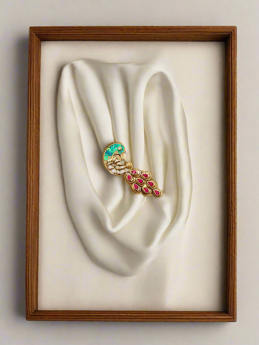 Peacock Kundan Saree Pin/Brooch - White and Pink