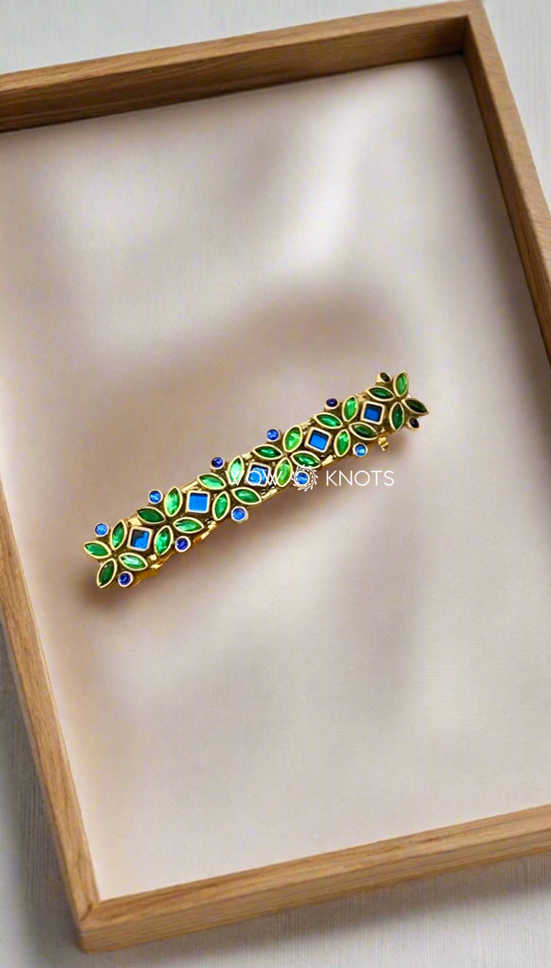 Green and Dark Blue Kundan Center/Barrette Hair Clip – Elegant Ethnic Accessory