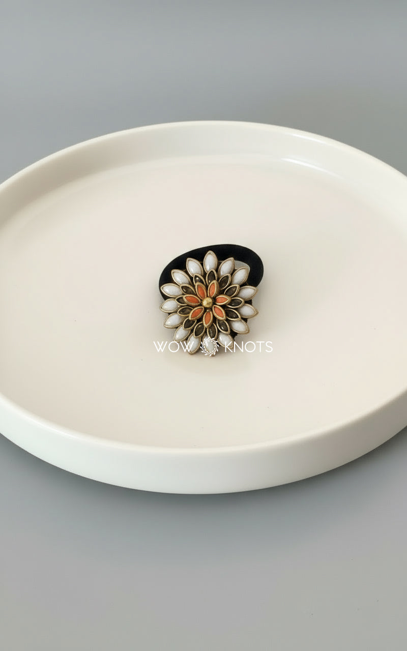 Big Pearl White Leaf Daisy Gold and Orange Colour Kundan Rubber Band/Hair Tie