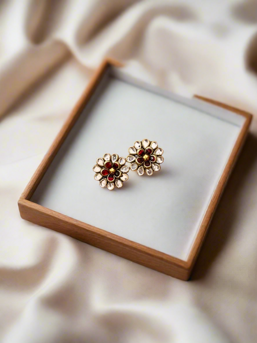 Glossy Silver and Red Drop Kundan Studs/Earrings