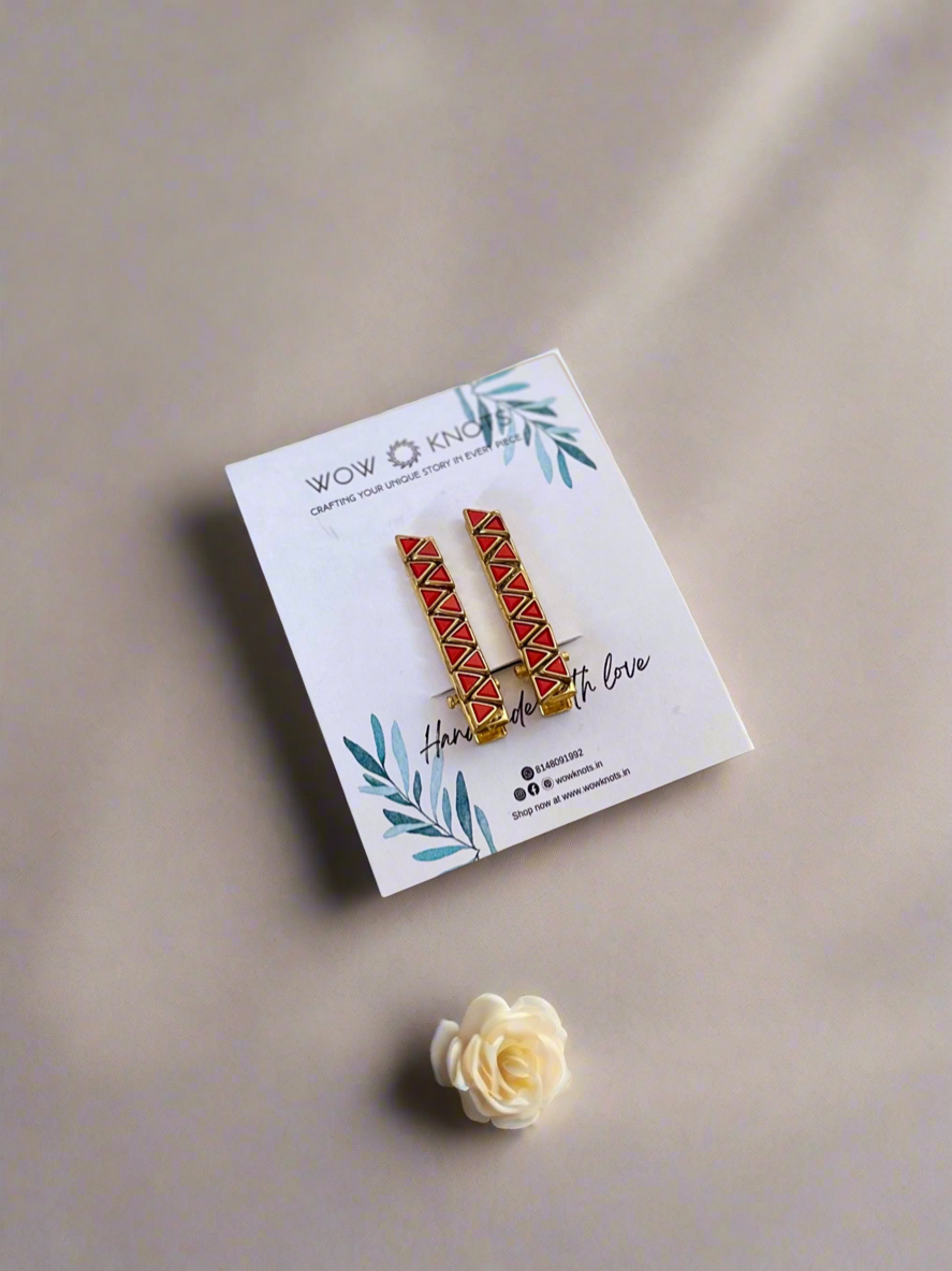 Red Kundan Hair Clip - Stacked Triangles
