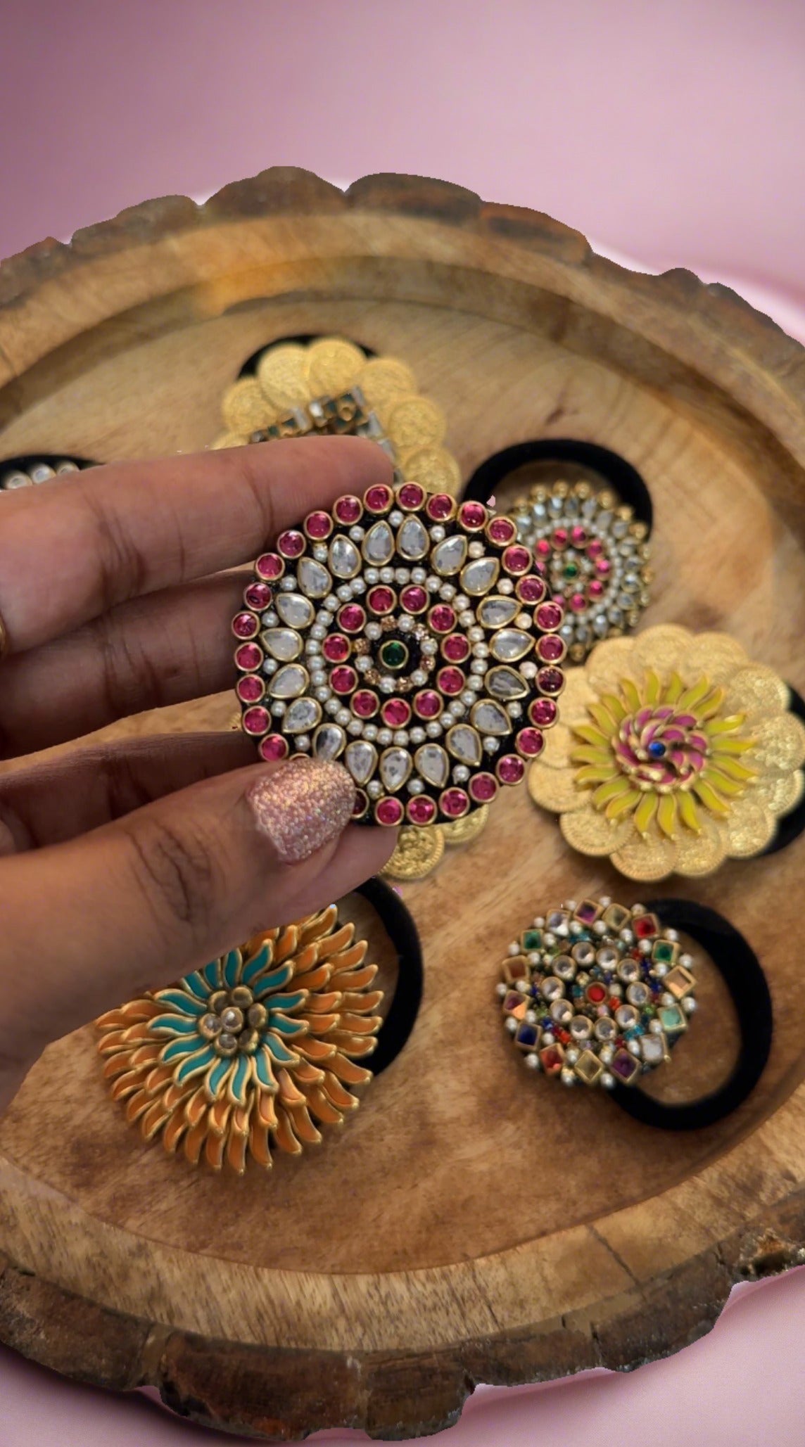 Pink and Silver Big Chakra Kundan Rubber Bands/Hair Ties/Kundan Rubber Bands(Pink Round and Silver Glossy Drop Kundans with Pearls)