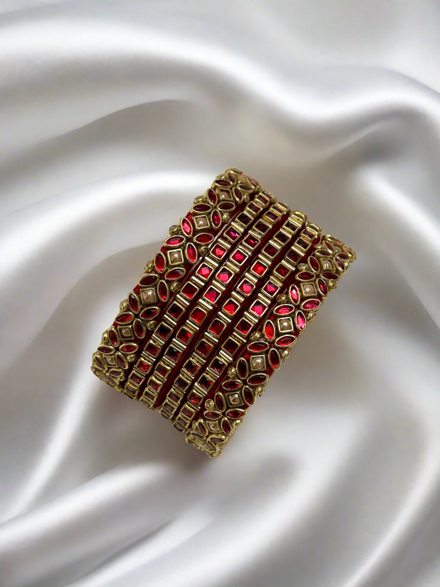 Red and Gold Silk Thread Kundan Bangle Set