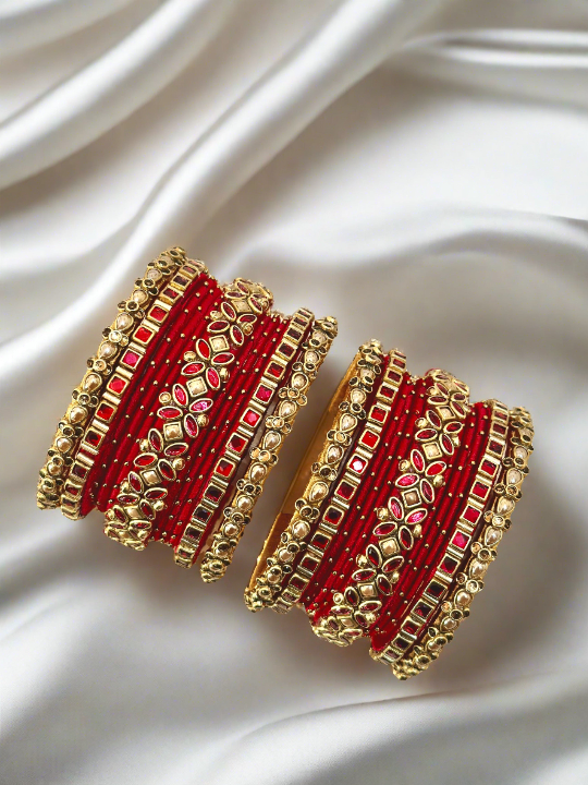 Red and Gold Silk Thread Kundan Bangle Set