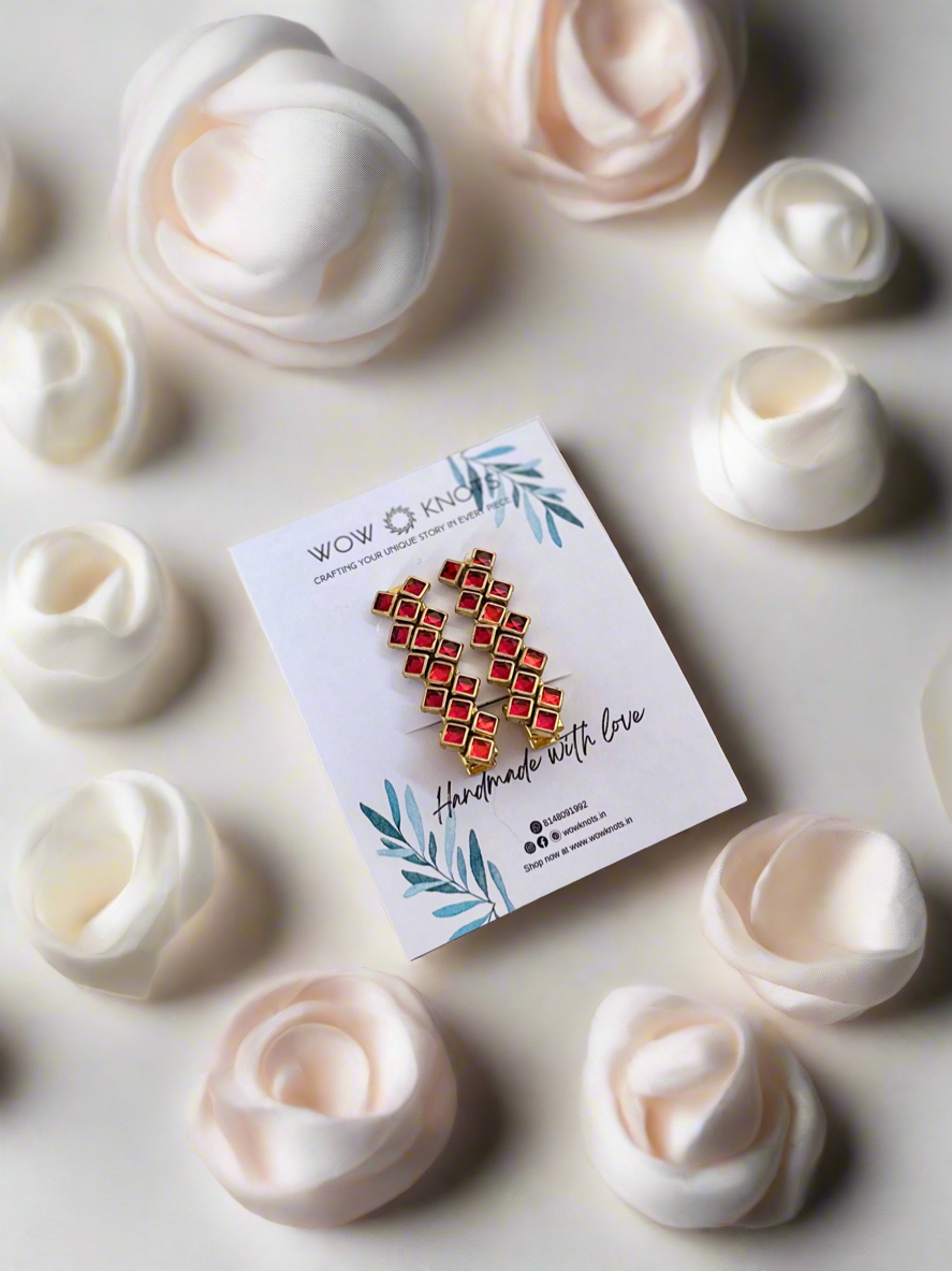 Glossy Red Kundan Hair Clips - Squares