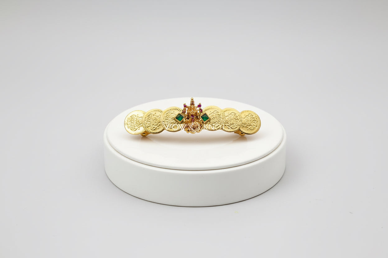 Handcrafted Traditional Lakshmi Coin and Charm Hair Clip With Green Kundans