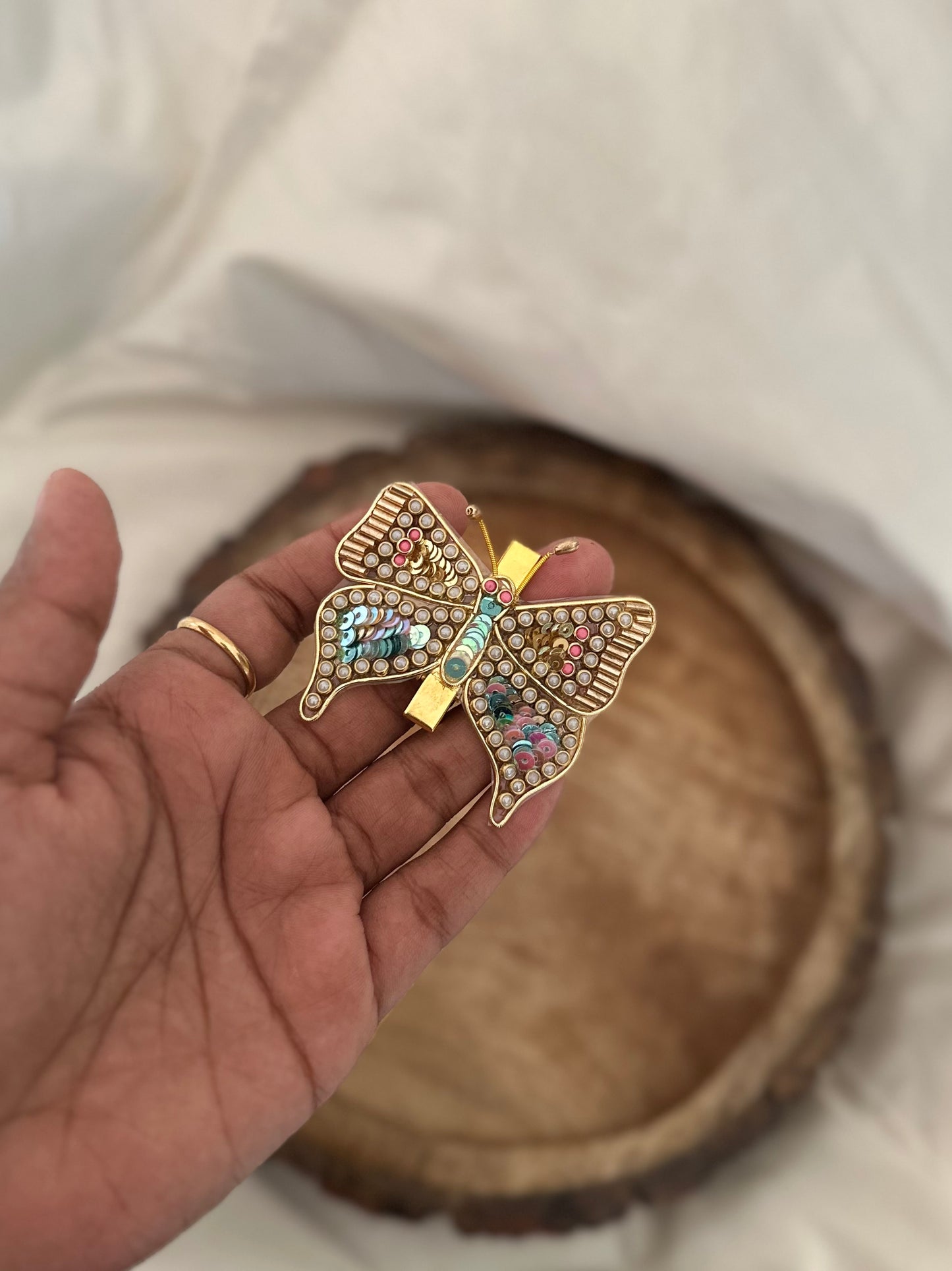 Sequins, Beads and Kundan Butterfly Alligator Hair Clips/Kundan Hair Accessories/Kundan Hair Clips(Golden Beads, Pearl White and pink Kundans, Blue Pink Shade Rainbow Sequins)
