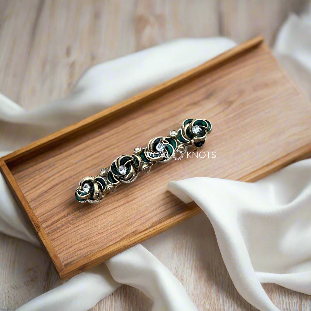 Glossy Green Rose Kundan Centre Hair Clip/ Barrette Clip