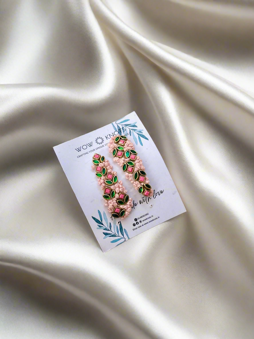 Pink Kundan Embroidery Hair Clip