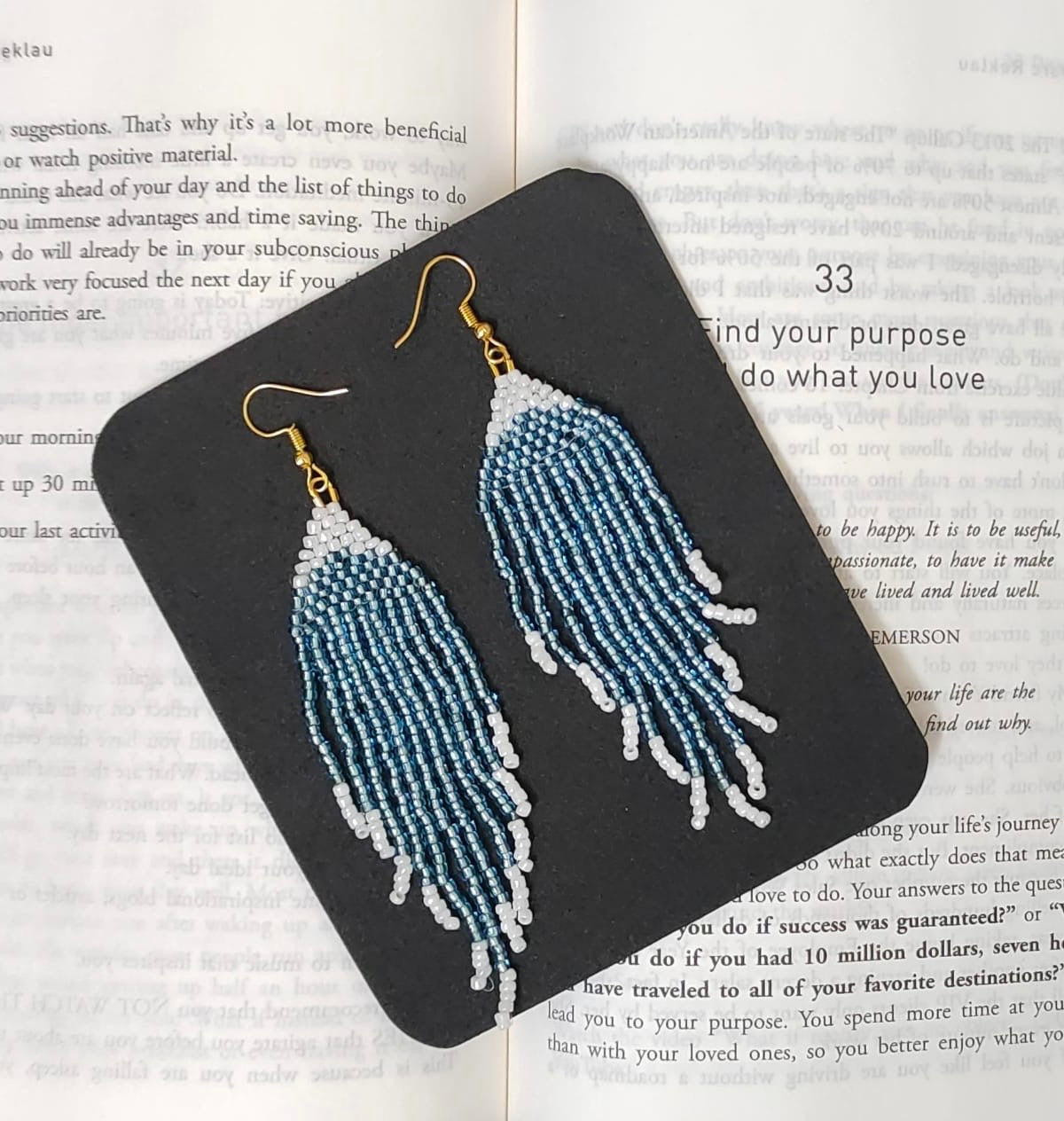 Blue and White Beaded Fringe Earrings