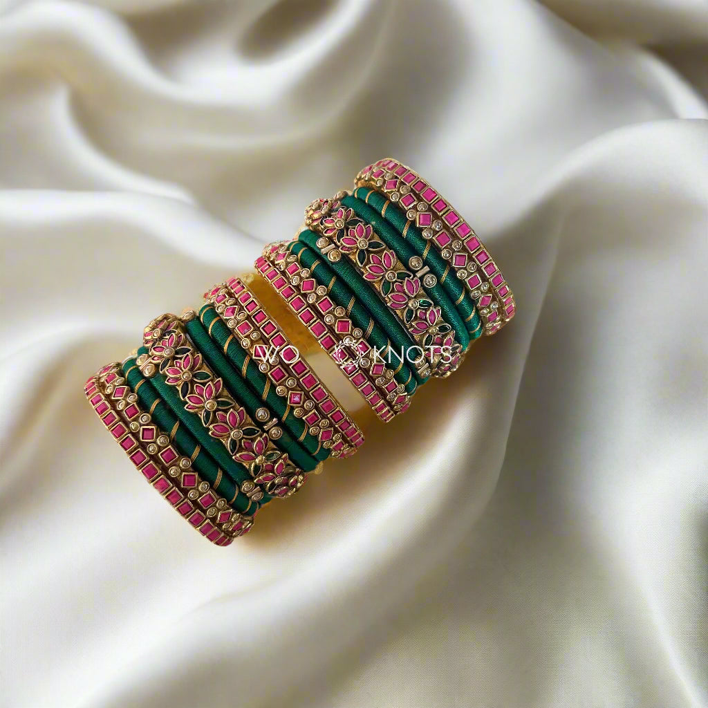 Pink and Green Lotus Kada Kundan Bridal Bangle Set