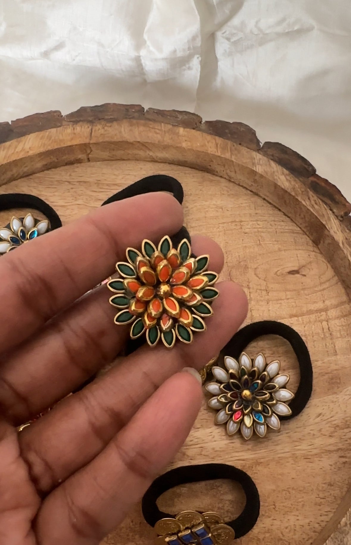 Orange Daisy Leafy Kundan Rubber Band/Hair Tie