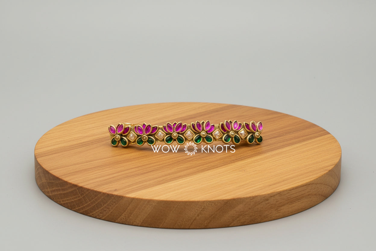 Pink and Green Glossy Lotus Kundan Center Hair Clip/ Barrette Clip