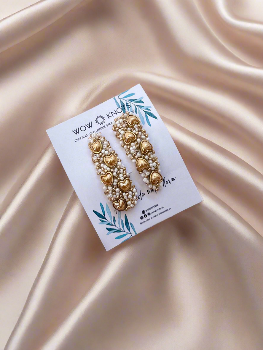 Gold and White Heart Kundan Embroidery Hair Clip