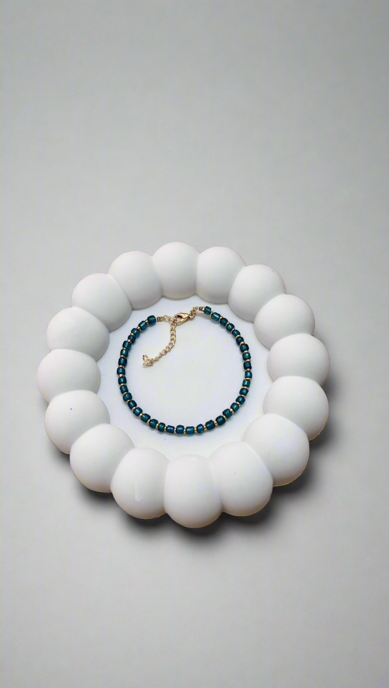 Teal Glass Bead with Gold Seed Bead Bracelet