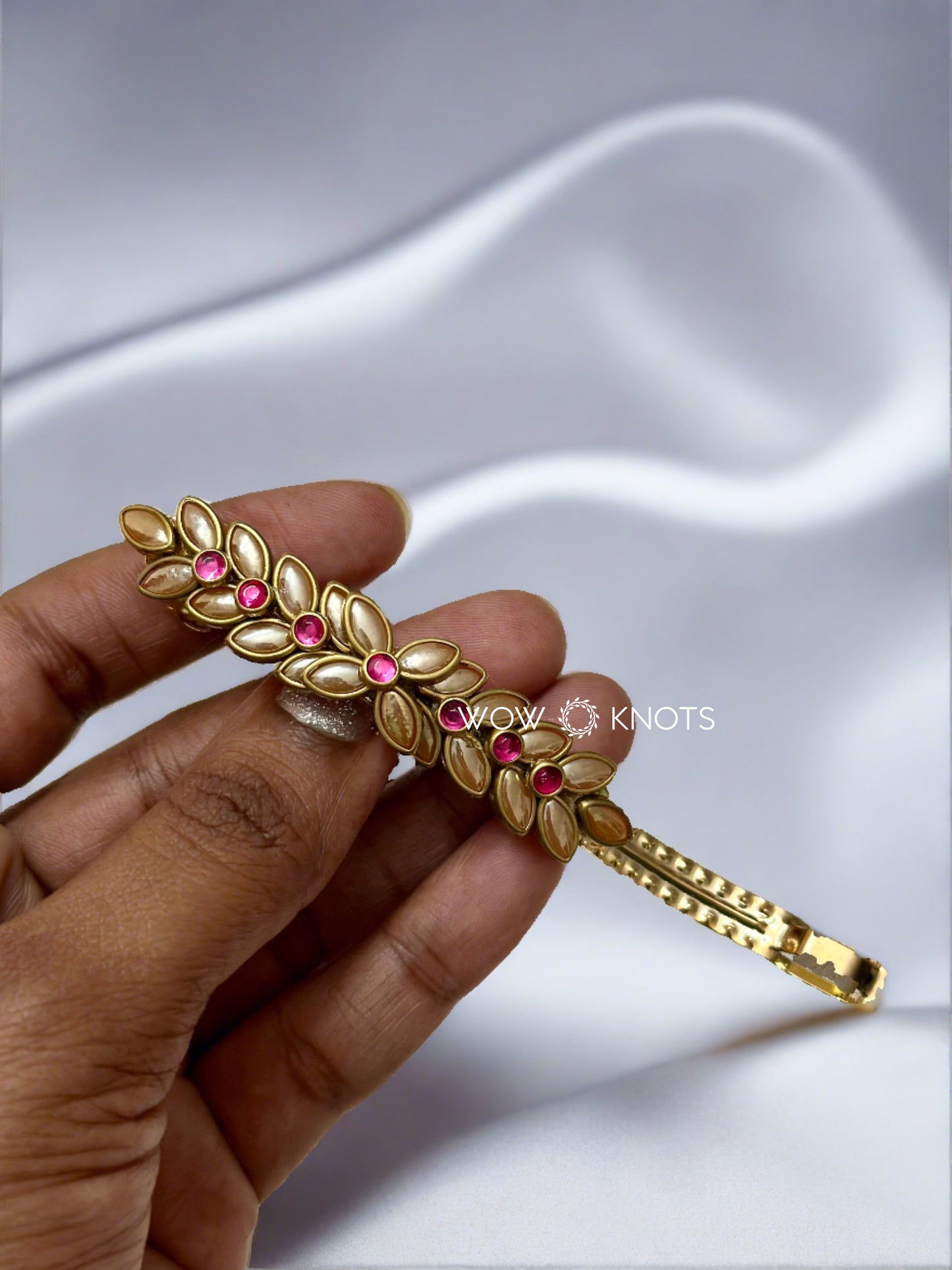 Pearl Gold Kundan Barrette Hair Clip - Pink