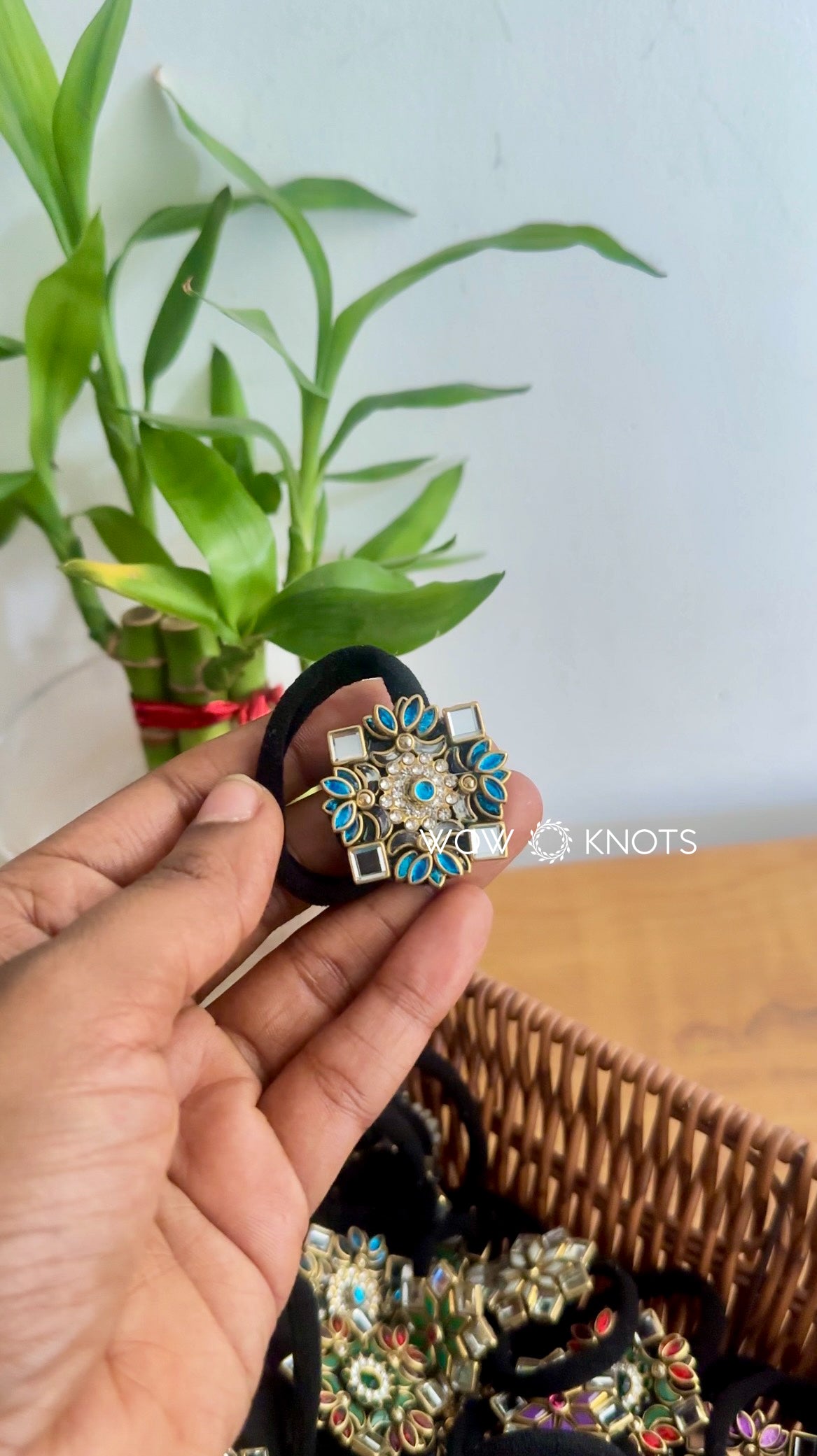 3D Lotus Kundan Rubber Band/Hair Tie - Blue