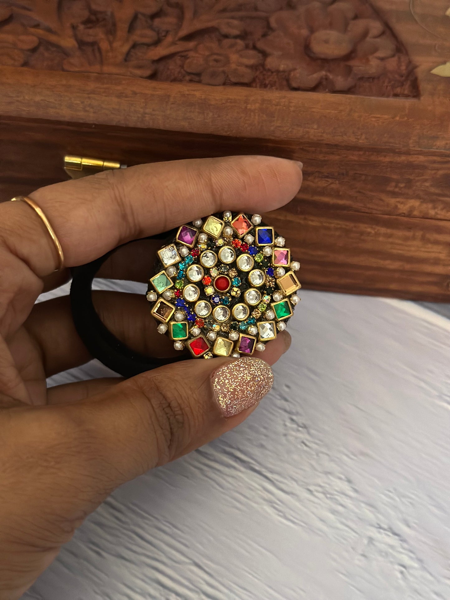 Multi colour Square Kundan Rubber Band/Hair Tie