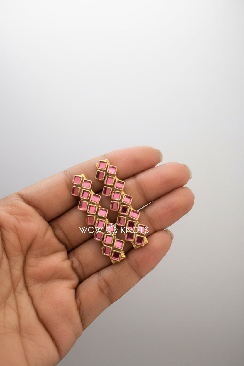 Onion Pink Glossy Square Kundan Hair Clip