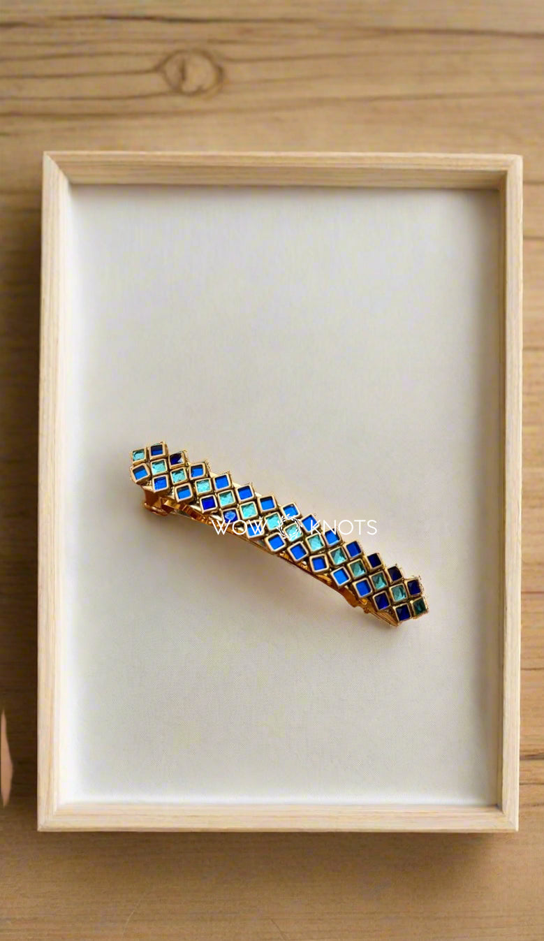Sky Blue & Dark Blue Square Kundan Barrette Clip – Handcrafted Hair Accessory