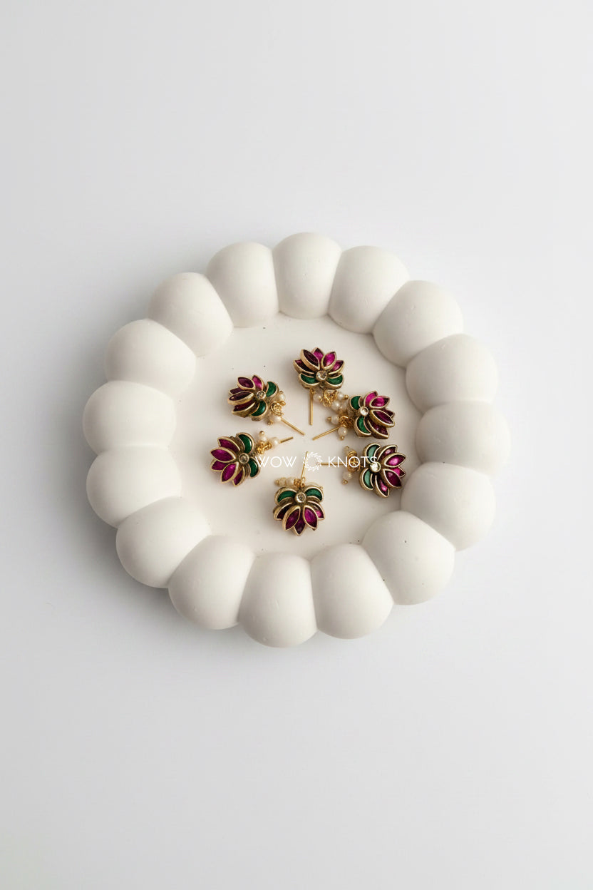 Handmade Kundan Lotus with Loreal Pearls Hair Pins in Pink and Green (Pack of 6 U Pins)