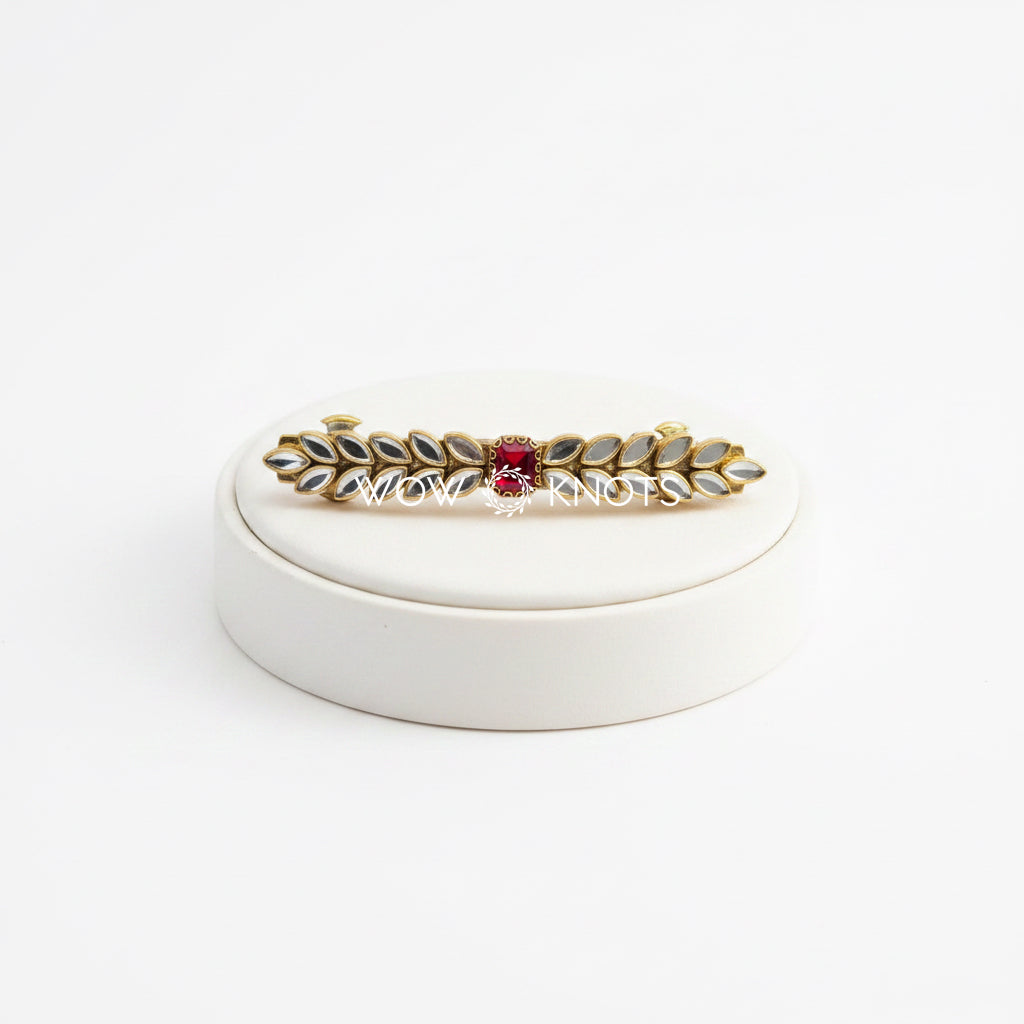 Glossy Silver Kundan Petal Barrette Clip with Maroon Stone – Handcrafted Hair Accessory