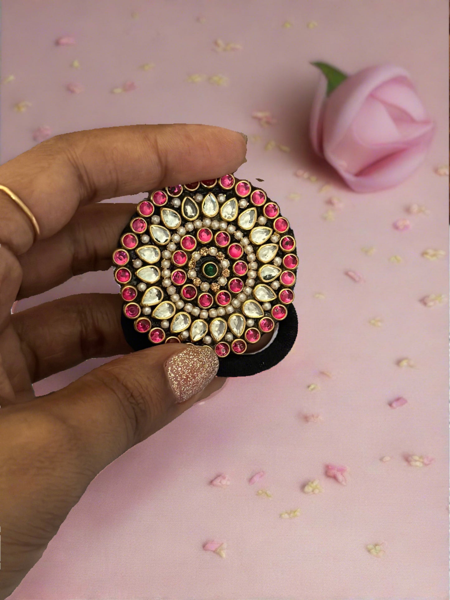 Pink and Silver Big Chakra Kundan Rubber Bands/Hair Ties/Kundan Rubber Bands(Pink Round and Silver Glossy Drop Kundans with Pearls)