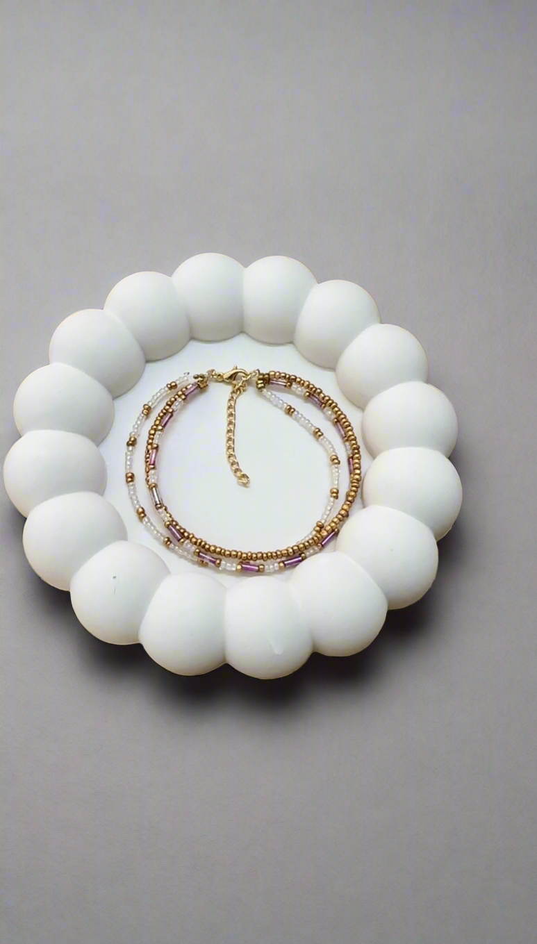 Three Layer Purple Tube Bead with Gold and White Seed Bead Bracelet