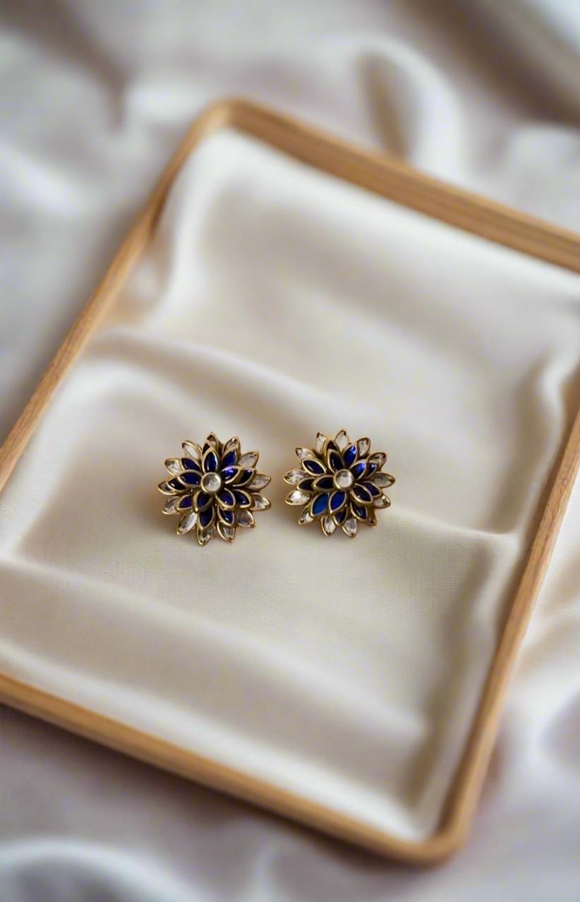 3D Glossy Dual Shade Leaf Kundan Earrings - Silver & Navy Blue