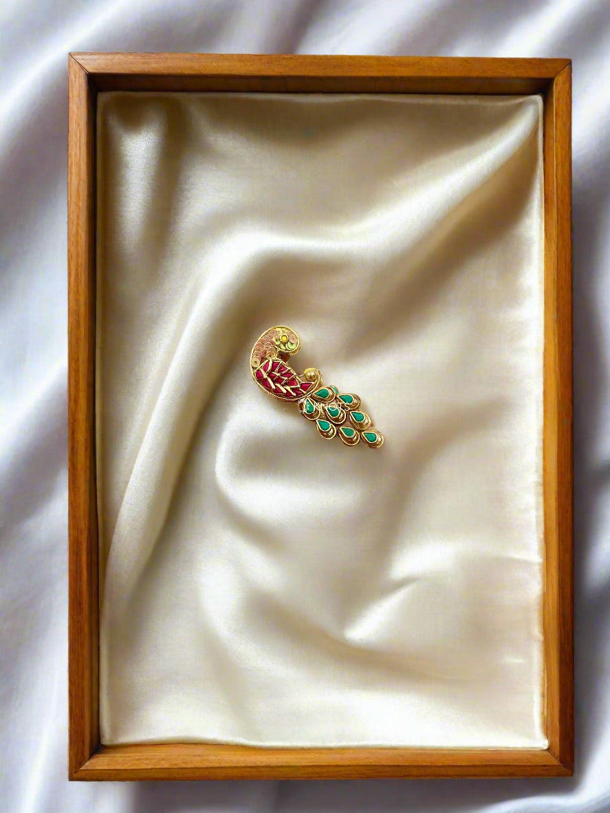 Peacock Kundan Saree Pin/Brooch -Pink and Green