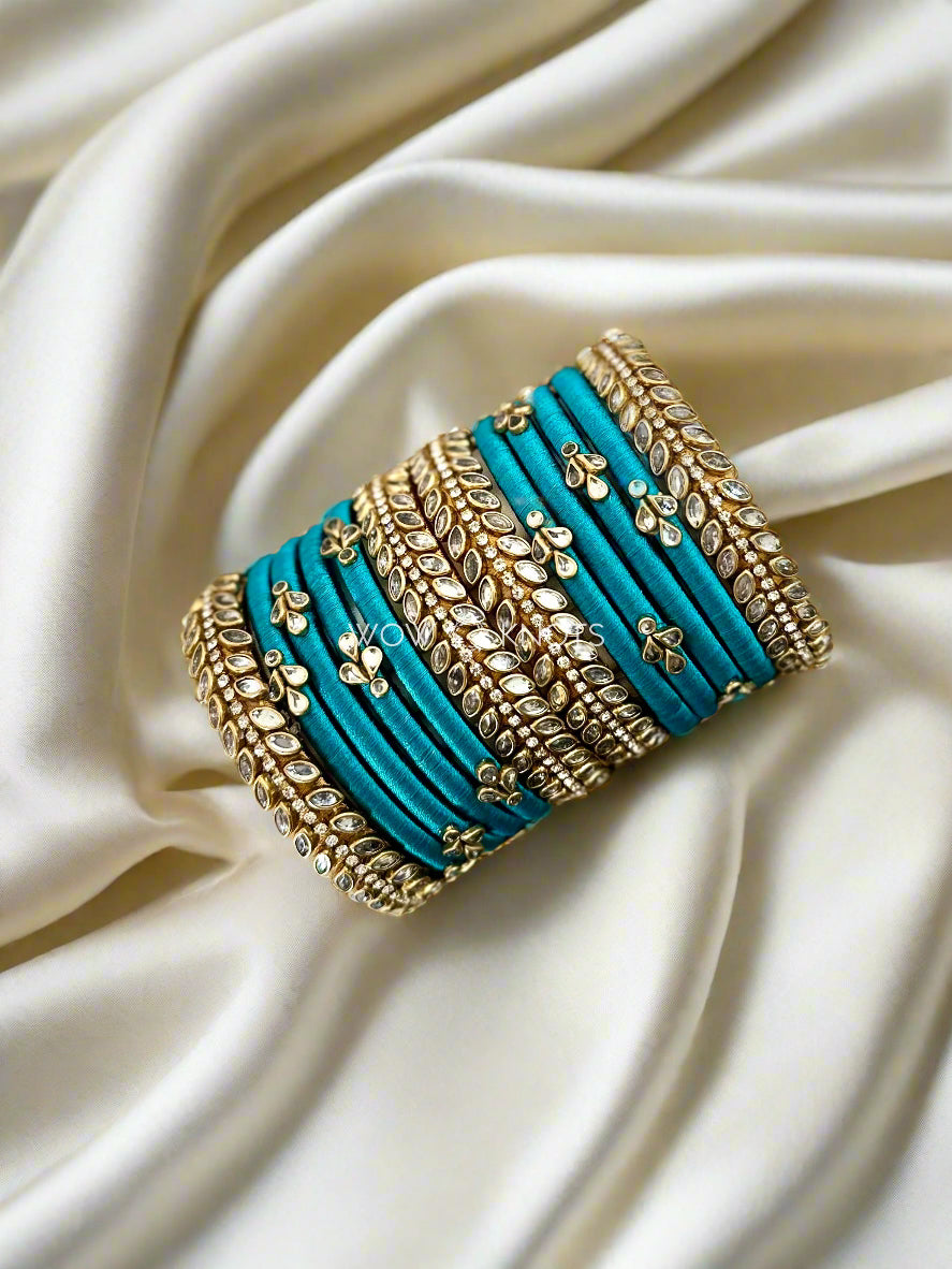 Teal Bluish Green and Silver Combination Kundan Bangle Set
