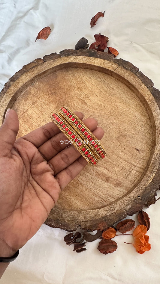 Red Kundans with Gold Stone Chain Kundan Bangles