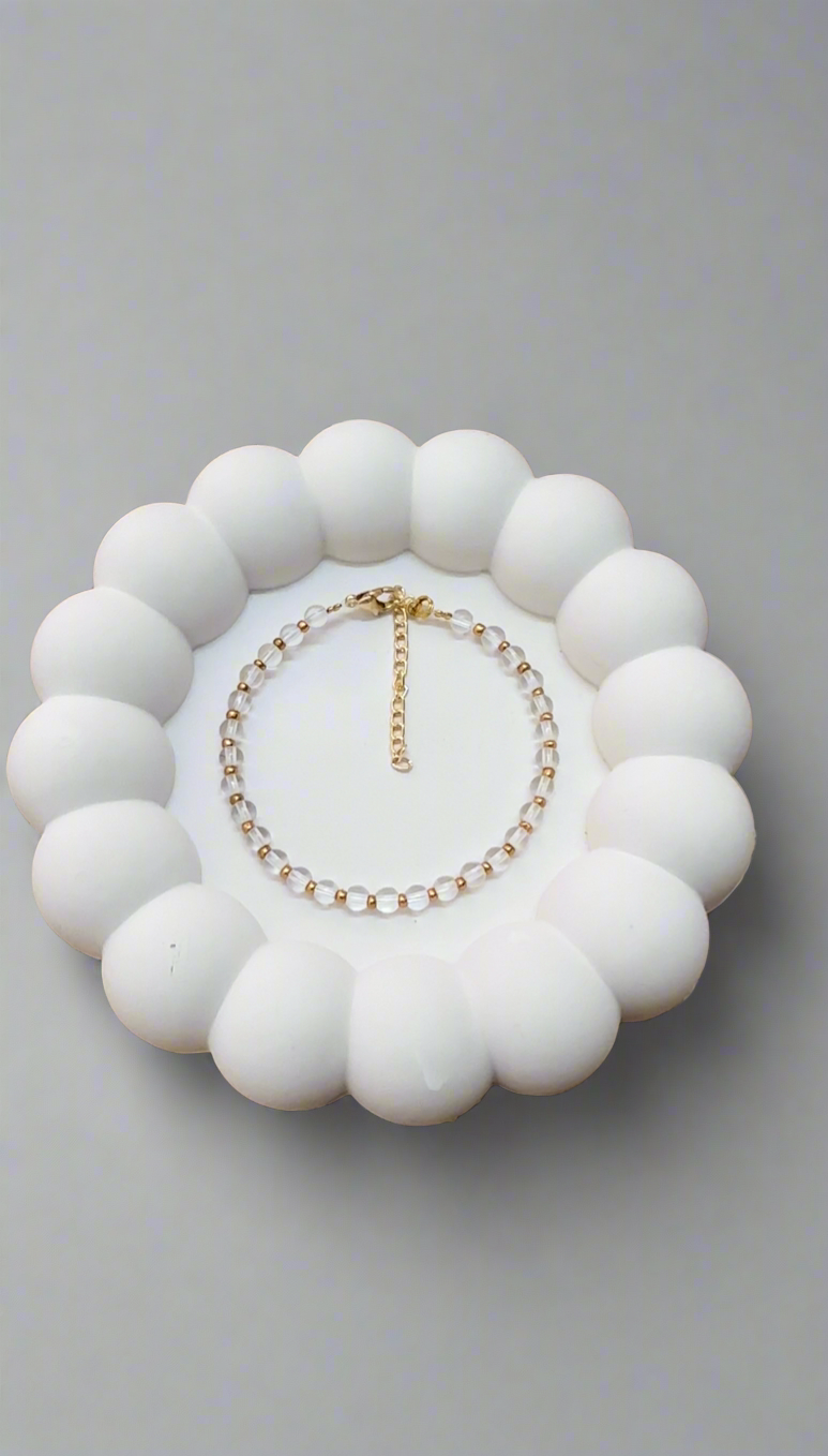 Clear White Glass Bead with Gold Seed Bead Bracelet