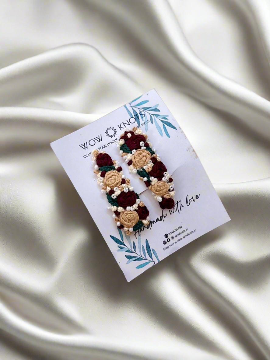 Maroon and Beige Embroidery Hair Clip