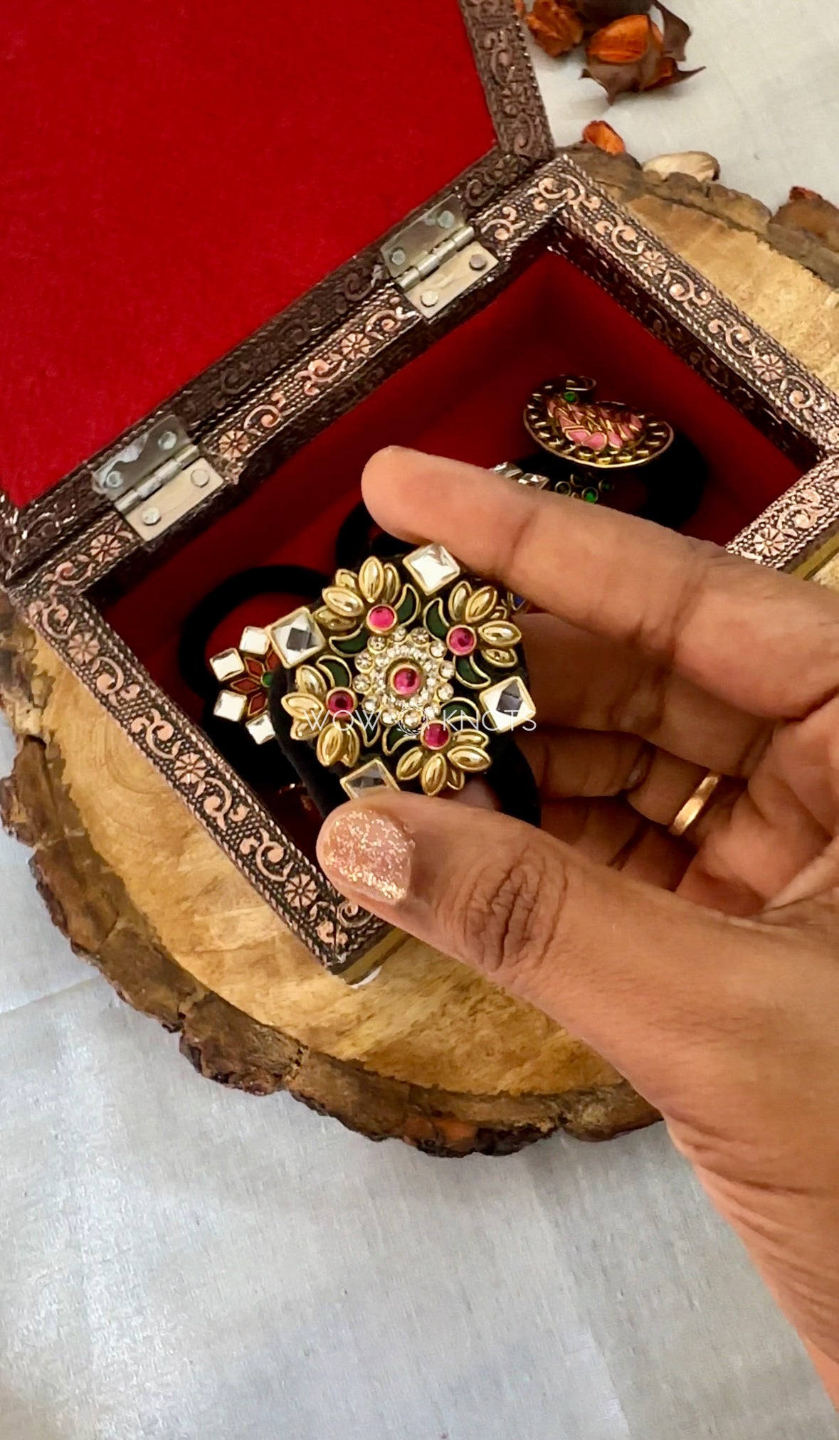 3D Lotus Kundan Rubber Band/Hair Tie - Pearl Gold and Pink