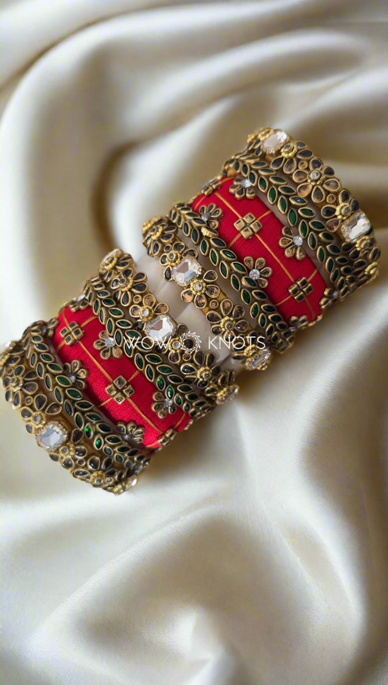 Gold Glossy Floral Kattam Kada Kundan Bangle Set with Gold Antique Style  Floral Kundan Stone Bangles with Petal Bangles