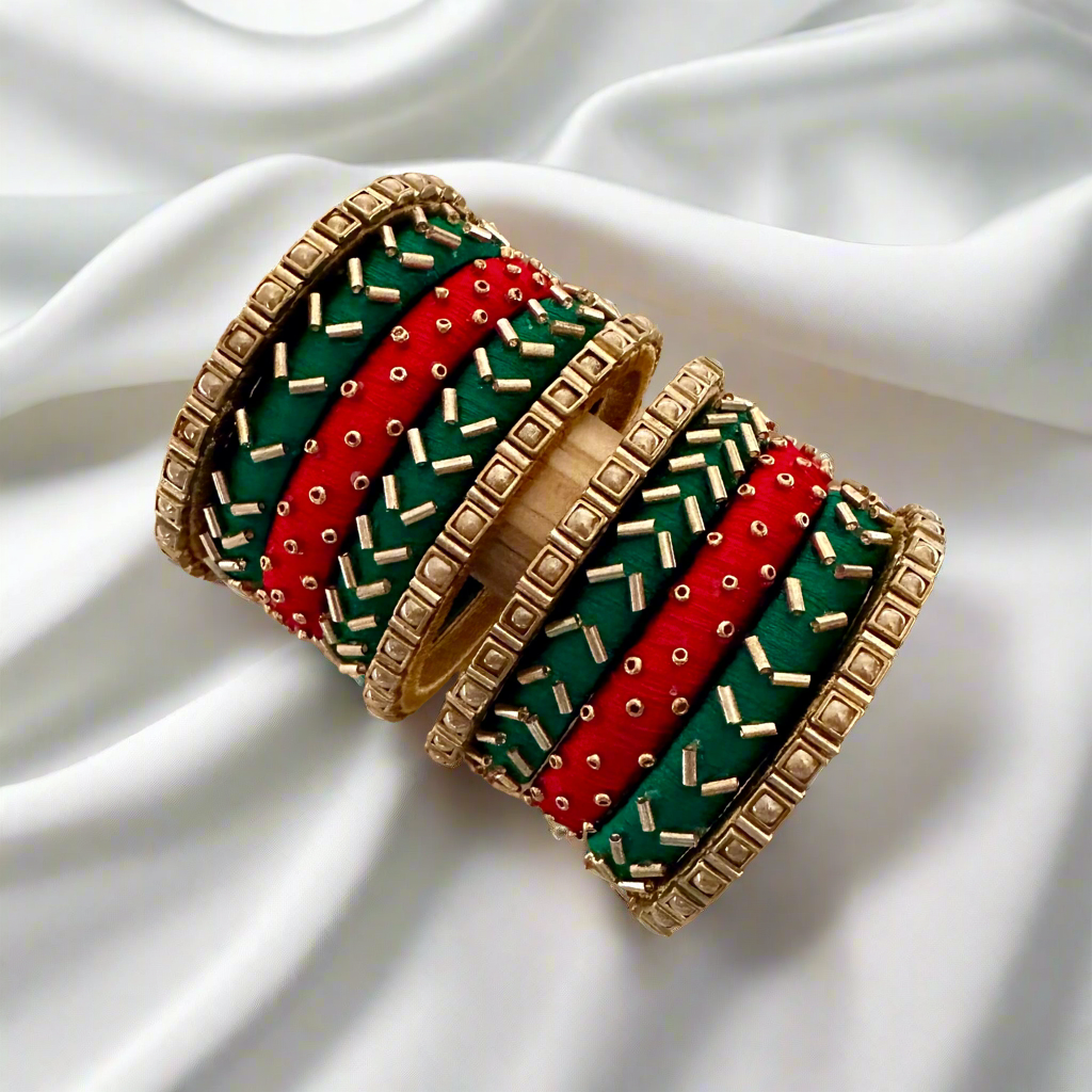 Red and Green Silk Thread Kada Kundan Bangle Set with Pearl Gold Sleek Kundan Bangles