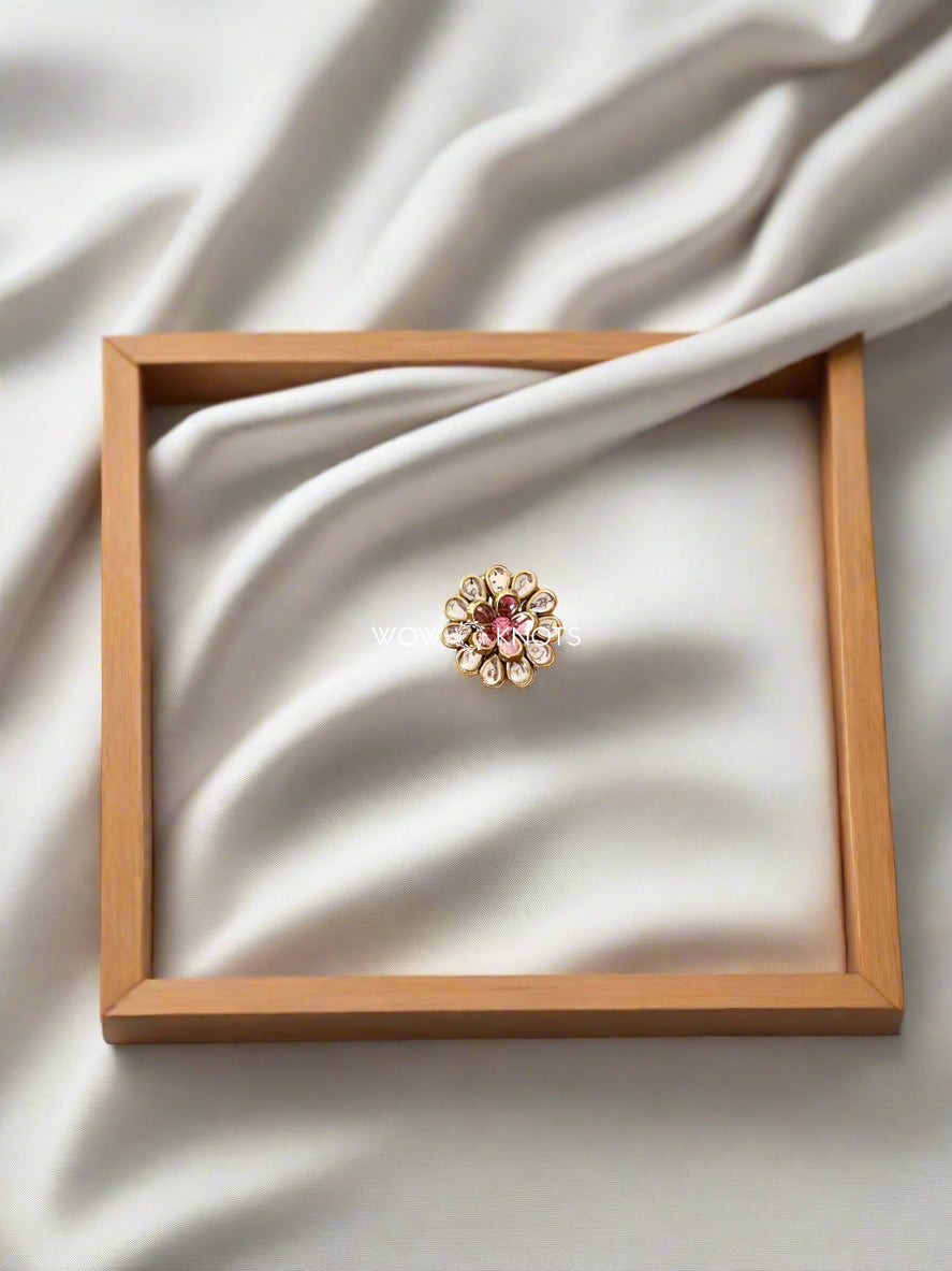 Glossy Silver Kundan Ring with Pink Accents
