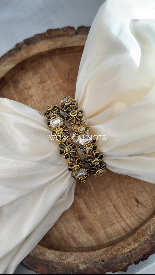 Gold Glossy Kundan and Stone Kada Bangles - Antique Style