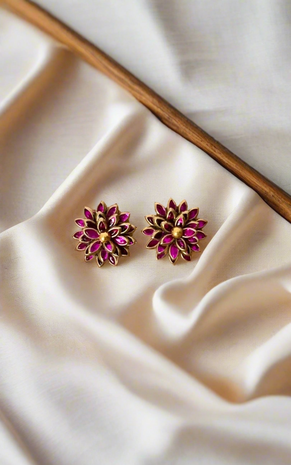 3D Glossy Leaf Kundan Earrings - Rani Pink Studs