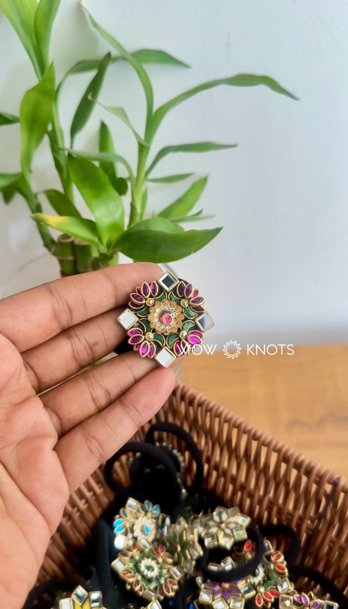 3D Lotus Kundan Rubber Band/Hair Tie - Pink