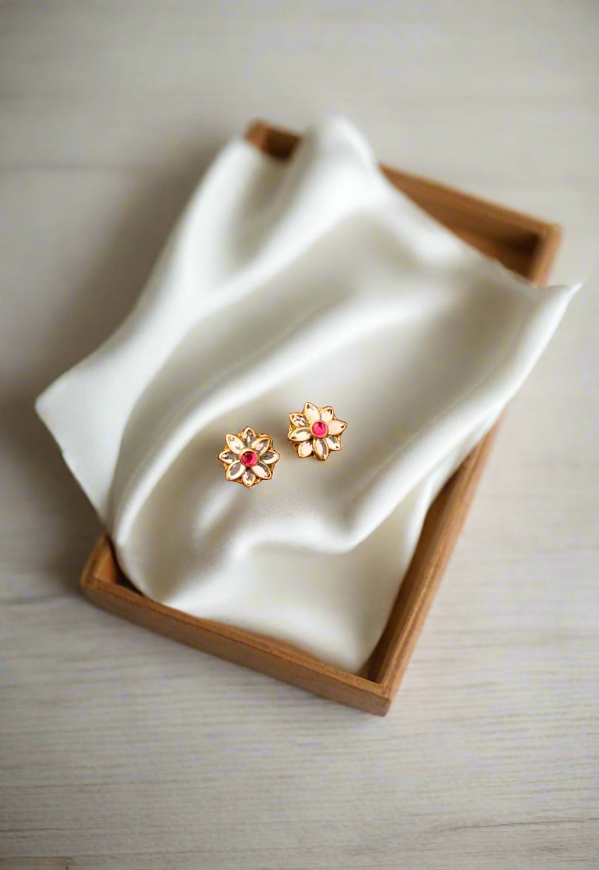 Handmade 3D Glossy Floral Stud Earrings with Silver Eye-Shaped Kundan & Coloured Center Stone