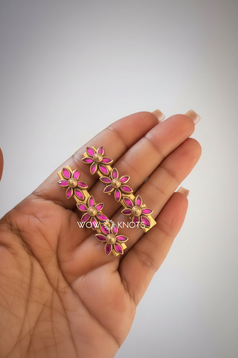 Glossy Pink Flower Kundan Hair Clip