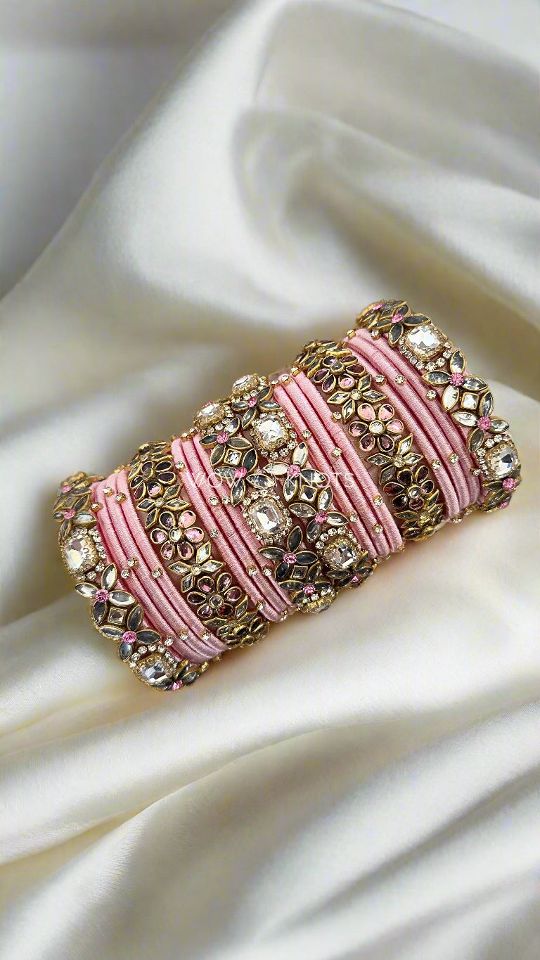 Kundan Bangles Pink and Silver Combination