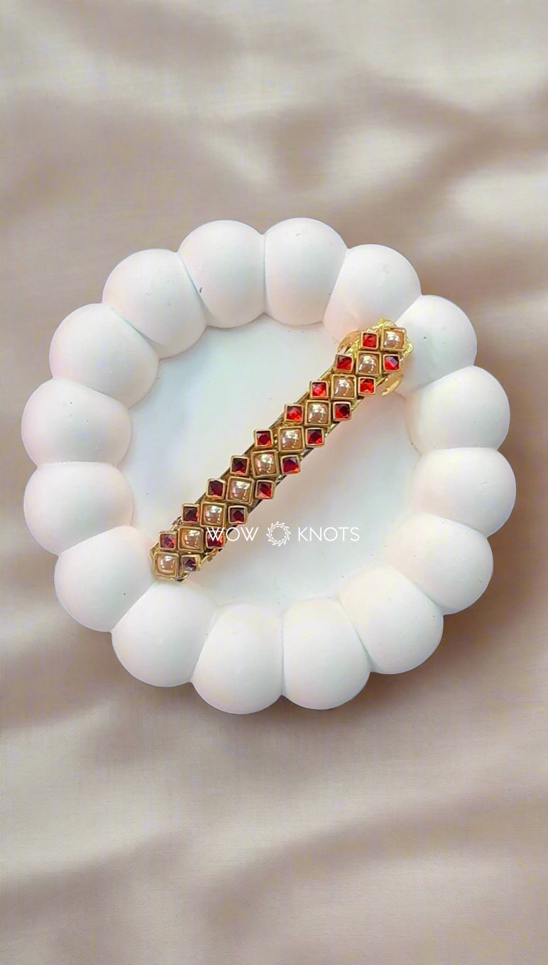 Red and Gold Square Kundan Barrette Clip with White Stone – Handcrafted Hair Accessory