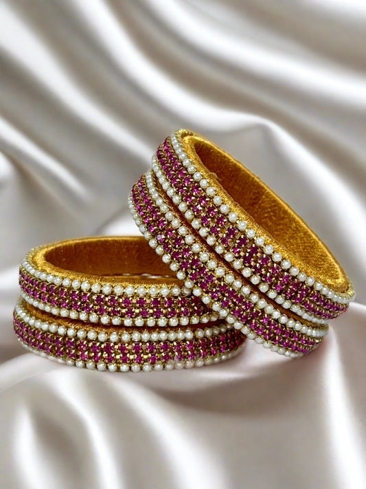Pearls and Stones Silk Thread Kada Bangles(Onion Pink and Pearl White Stones)