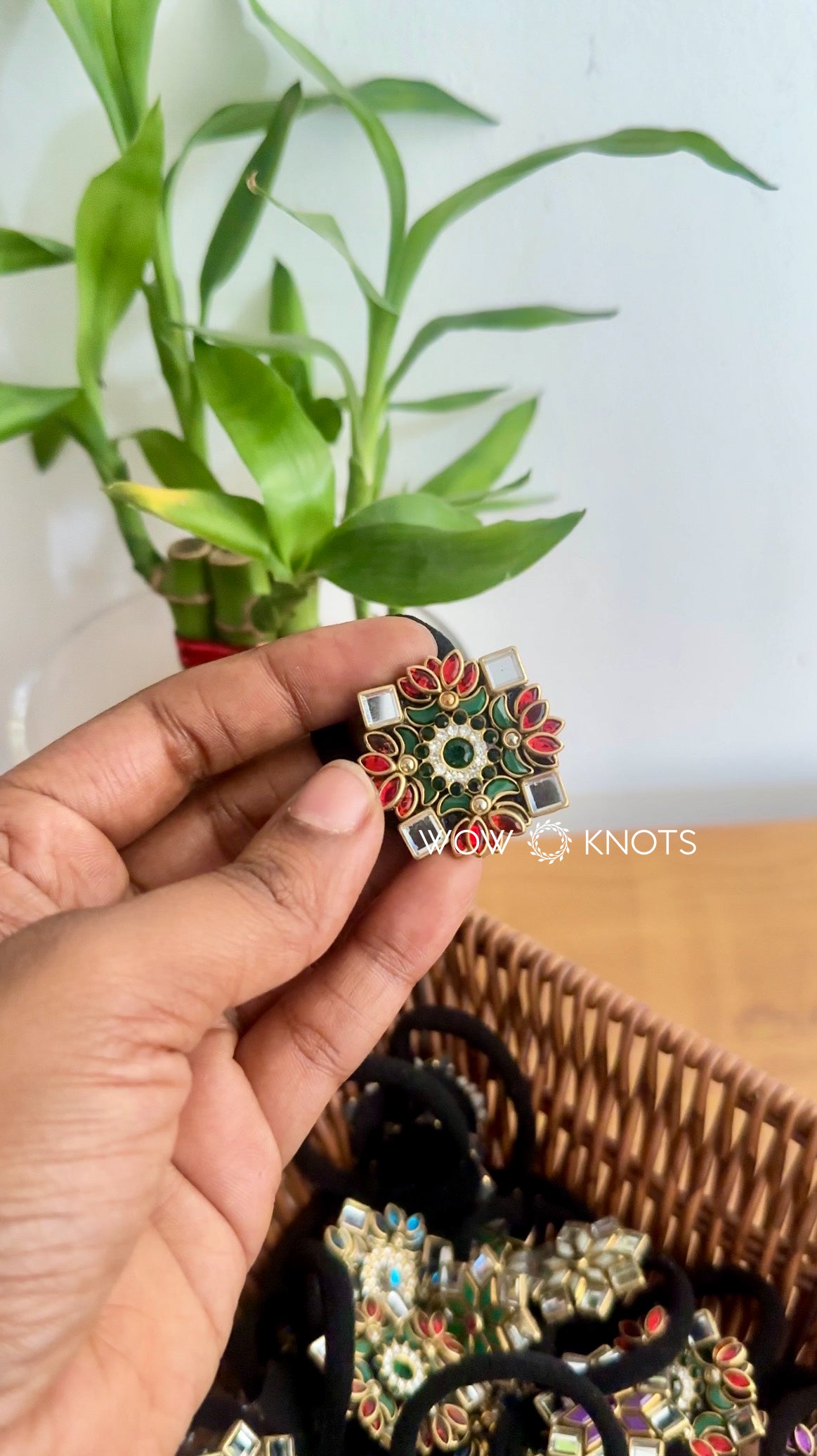 3D Lotus Kundan Rubber Band/Hair Tie - Red