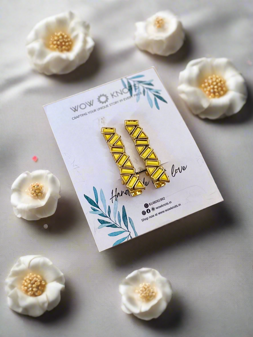 Yellow Kundan Hair Clip - Stacked Rectangles and Triangles