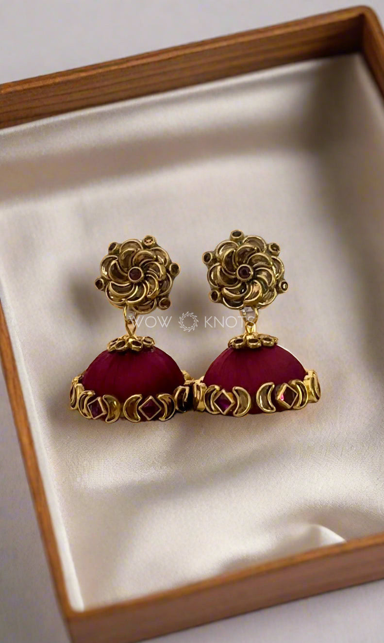 Wine Colour Kundan Stud with Jhumka - Moon Kundans